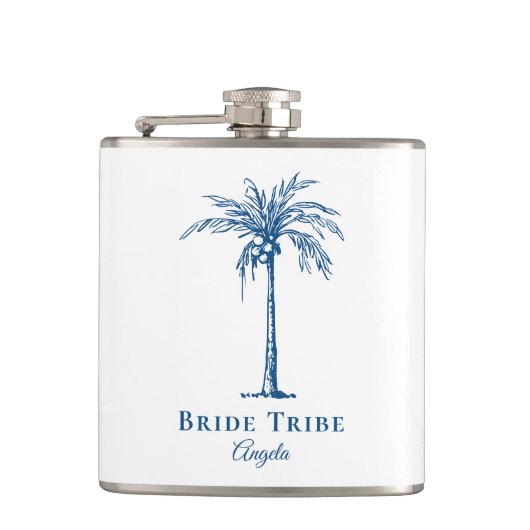 Bruid Stam Blauw Tropische Palmboom Op Maat Heupfles (Voorkant)