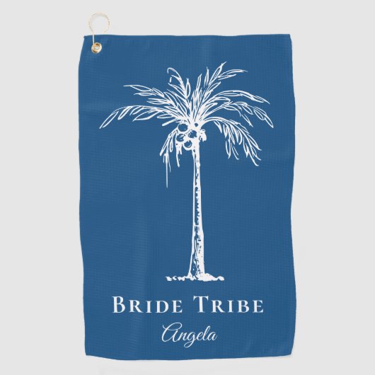Bruid Stam Blauw Witte Palmboom Op Maat Golfhanddoek (Voorkant)