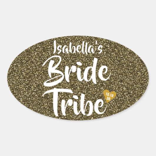 Bruid Stam Goud Datum Hart Persoonlijke Glitters Ovale Sticker (Voorkant)