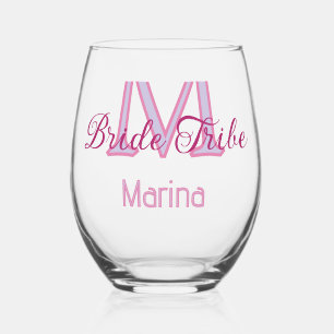 Bruid stam monogram roze bruiloftsshower eenvoudig wijnglas zonder voet