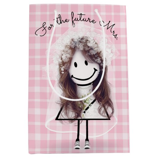 Bruid Stickfiguur Meisje met Boeket Medium Cadeauzakje (Voorkant)