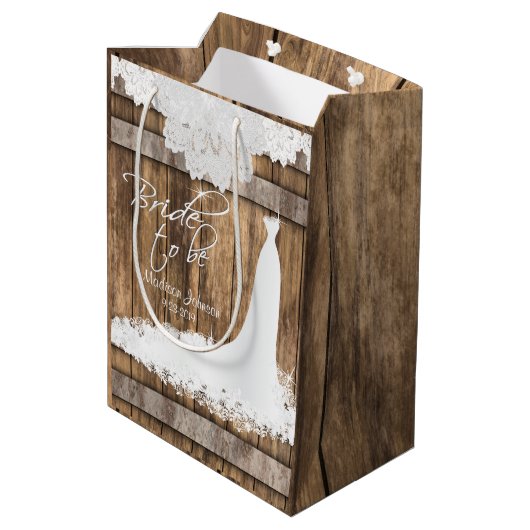 Bruid to Be - Rustiek hout en witte kant ontwerp Medium Cadeauzakje (Achterkant Gekanteld)