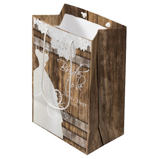 Bruid to Be - Rustiek houten vat en kant ontwerp Medium Cadeauzakje (Voorkant Gekanteld)