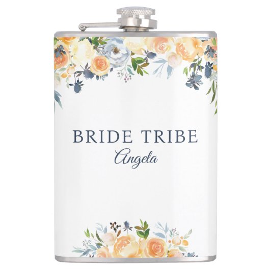 Bruid Tribe Coral Peach Navy Bloemen Custom Heupfles (Voorkant)