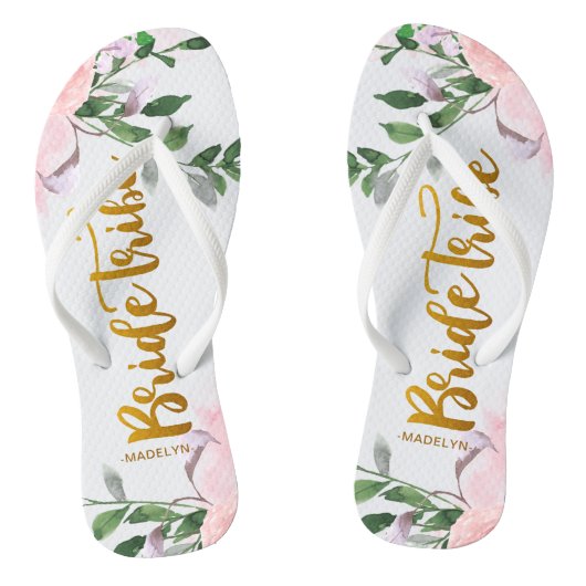 Bruid Tribe Faux Gold met Bloemen en Naam Teenslippers (Voetbed)