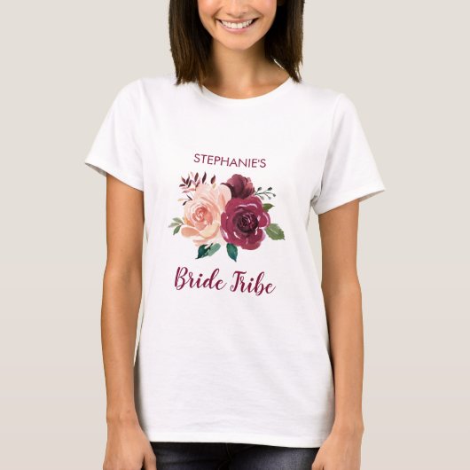 Bruid Tribe Floral Blush Roze Bourgondië Roos T-shirt (Voorkant)