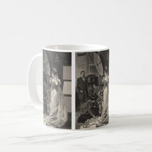 Bruid uit grootmoeders tijd, bruidsportret met fot koffiemok (Voorkant links)