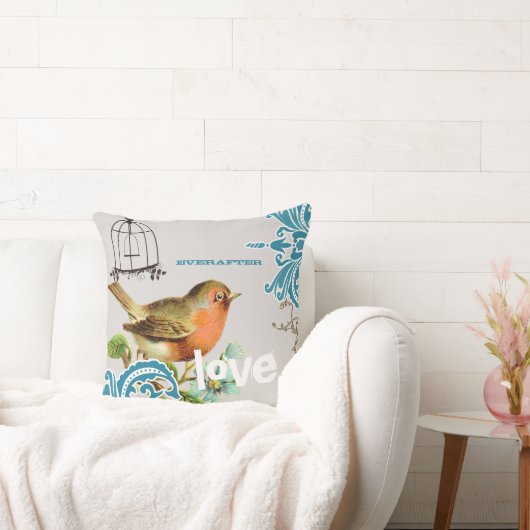 Bruid van altijd Teal Koraal Grijs Cute Vogel Voge Kussen (Bank)