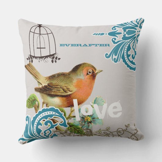 Bruid van altijd Teal Koraal Grijs Cute Vogel Voge Kussen (Achterkant)