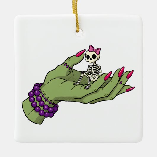 Bruid van Frankenstein Hand met Skeleton Bow | GOT Keramisch Ornament (Voorkant)