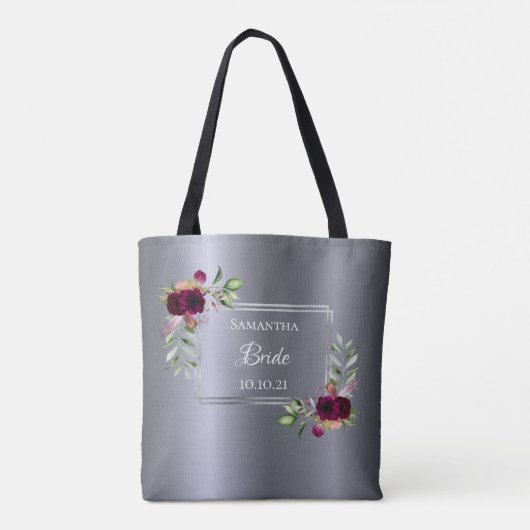 Bruid zilver bordeaux bloemen bruiloft tote bag (Achterkant)