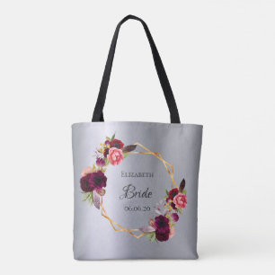 Bruid zilver bordeaux bloemen elegant tote bag