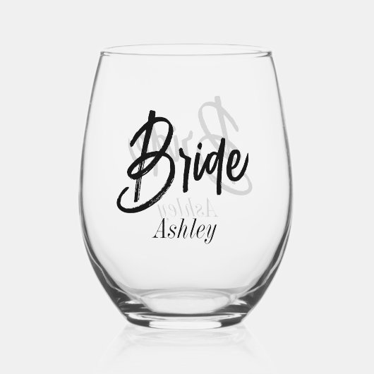 bruid zwart wit script bruiloft wijnglas zonder voet (Voorkant)