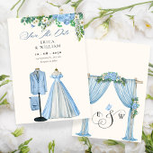 Bruidegom bloemenboog tuin bruiloft save the date