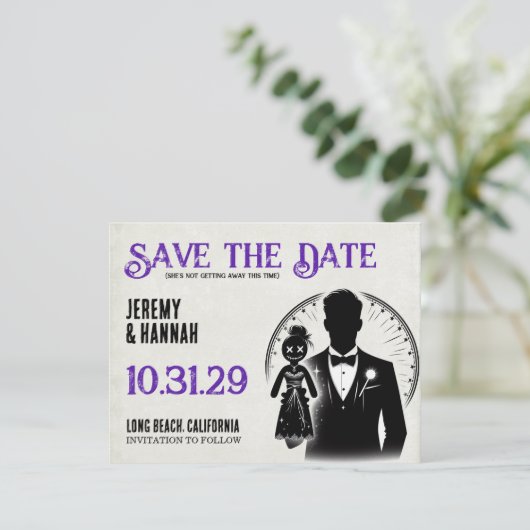bruidegom met Voodoo Doll Bride Save The Date (Staand voorkant)