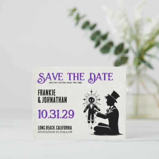 bruidegom met Voodoo Doll Groom Save The Date (Staand voorkant)