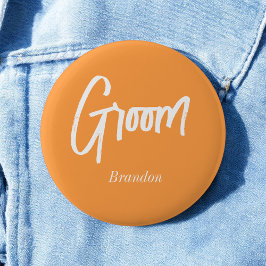 Bruidegom Oranje Wit Script Trouwen Ronde Button 5,7 Cm