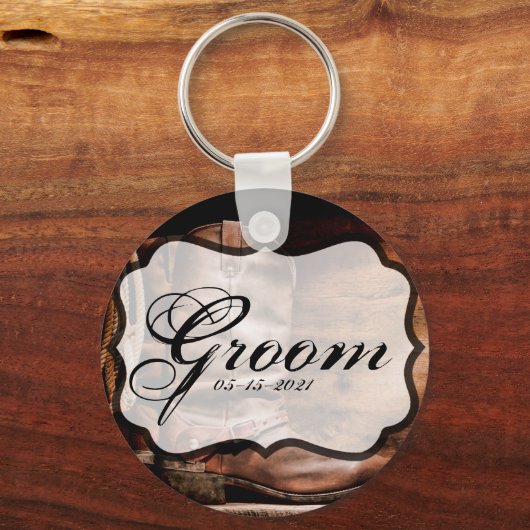 bruidegom Sleutelhanger cowboy laarzen schuur hout (Voorkant)