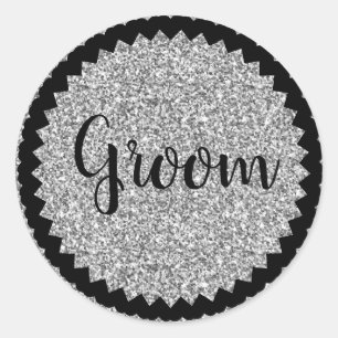 Bruidegom Zilver Glitter Klassieke Ronde Sticker A