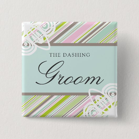 BRUIDEGOM Zoete Tuin Strepen Chique Bruiloft Naam Vierkante Button 5,1 Cm (Voorkant)