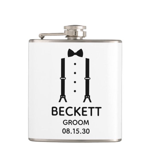 Bruidegom Zwart Vlinderdas Heupfles (Voorkant)