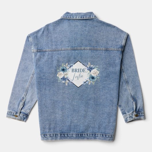 Bruiden Naam Blauw en Wit Bloemen Geometrisch Lijs Denim Jacket (Achterkant)