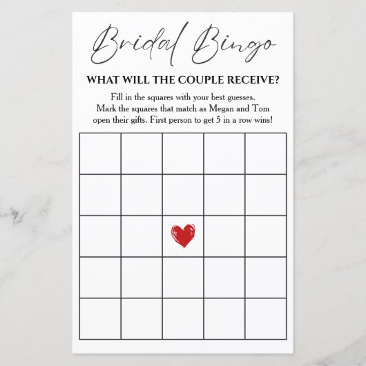 Bruids Bingo Game Kaart voor Paar's Shower (Voorkant)