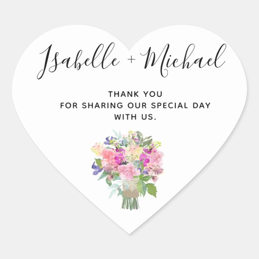 Bruids boeket gepersonaliseerde bruiloft dank u hart sticker (Voorkant)