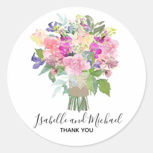 Bruids boeket gepersonaliseerde bruiloft dank u ronde sticker (Voorkant)