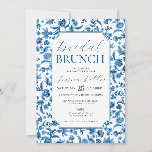 Bruids Brunch Chintz Blauw & Wit Bloemen Ditsy Kaart (Voorkant)