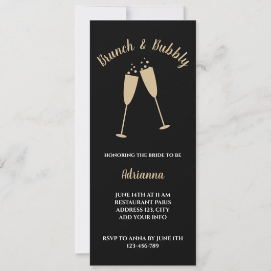 Bruids brunch en bubble elegant zwart en goud kaart (Voorkant)