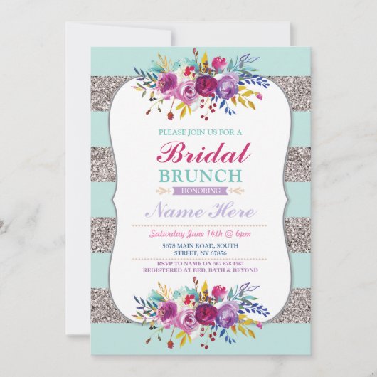 Bruids Brunch Nodig Zilveren Glitter Mint Floral Kaart (Voorkant)