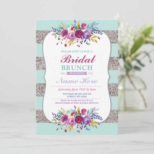 Bruids Brunch Nodig Zilveren Glitter Mint Floral Kaart (Staand voorkant)