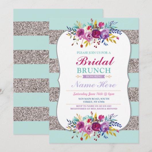 Bruids Brunch Nodig Zilveren Glitter Mint Floral Kaart (Voorkant / Achterkant)