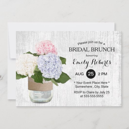 Bruids Brunch Rustieke Hydrangea Bloemen Mason Jar Kaart (Voorkant)