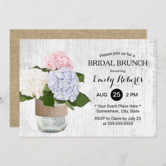 Bruids Brunch Rustieke Hydrangea Bloemen Mason Jar Kaart (Voorkant / Achterkant)