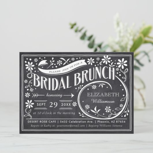 Bruids brunch uitnodigingen | bloemkrijtbord (Staand voorkant)