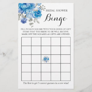 Bruids douche bingo blauwe bloem spelkaart flyer