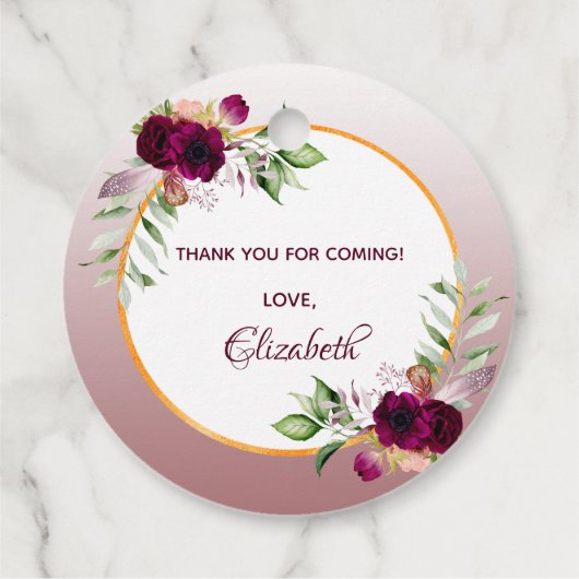 Bruids douche boho bloemen burgundy kaneel roos bedankjes labels (Achterkant)