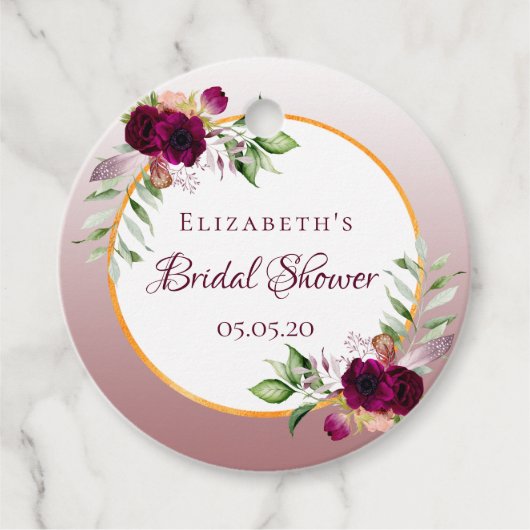 Bruids douche boho bloemen burgundy kaneel roos bedankjes labels (Voorkant)