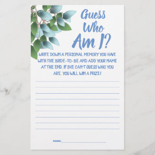 Bruids douche spelkaart Raad wie ben ik?  Flyer