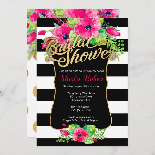Bruids Douche Uitnodiging - Bloemen Gestreept (Voorkant / Achterkant)