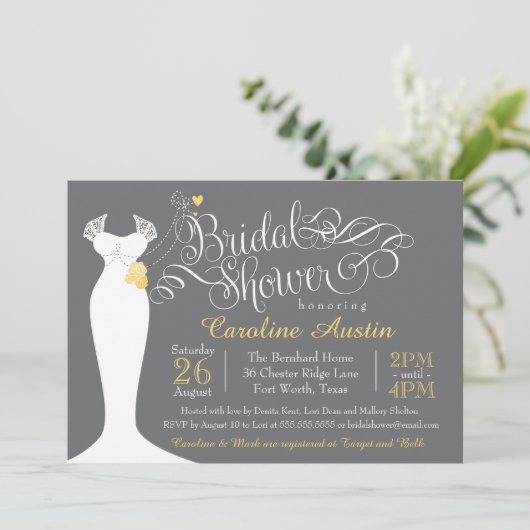 Bruids Douche Uitnodiging, Elegante Trouwjurk Kaart (Staand voorkant)