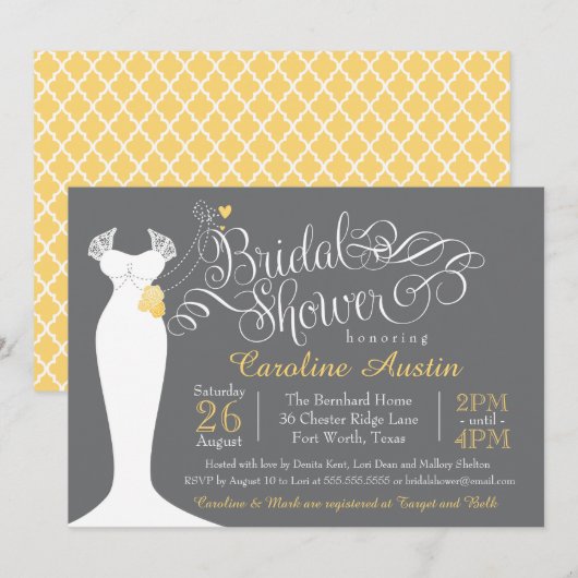 Bruids Douche Uitnodiging, Elegante Trouwjurk Kaart (Voorkant / Achterkant)