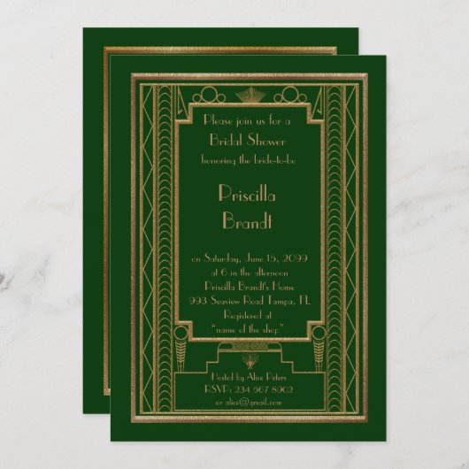 Bruids Douche uitnodiging, grote Gatsby goud groen Kaart (Voorkant / Achterkant)
