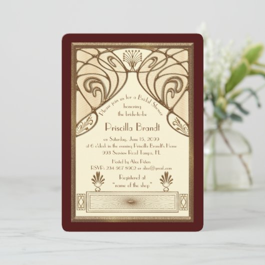 Bruids Douche uitnodiging, grote Gatsby ivoor rood Kaart (Staand voorkant)