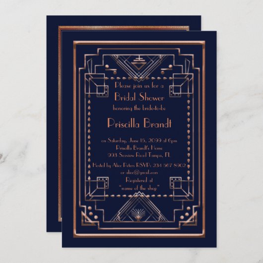 Bruids Douche uitnodiging, grote Gatsby, marine, r Kaart (Voorkant / Achterkant)