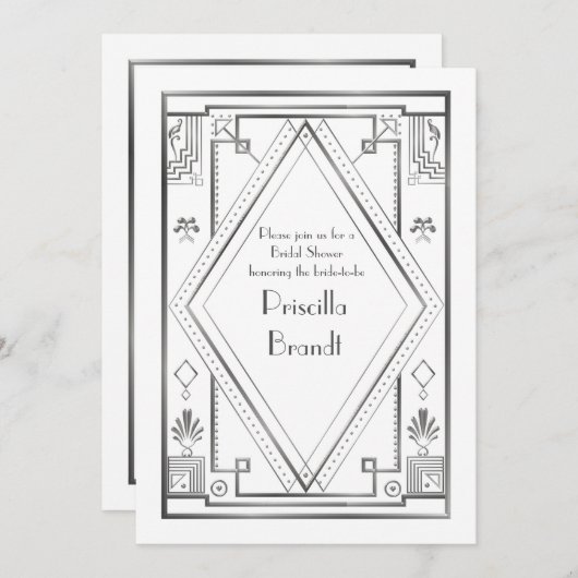 Bruids Douche uitnodiging, grote Gatsby, wit zilve Kaart (Voorkant / Achterkant)