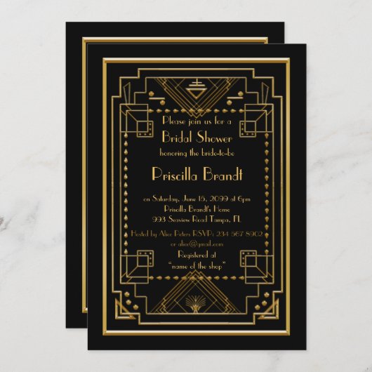 Bruids Douche uitnodiging, grote Gatsby, zwart, go Kaart (Voorkant / Achterkant)
