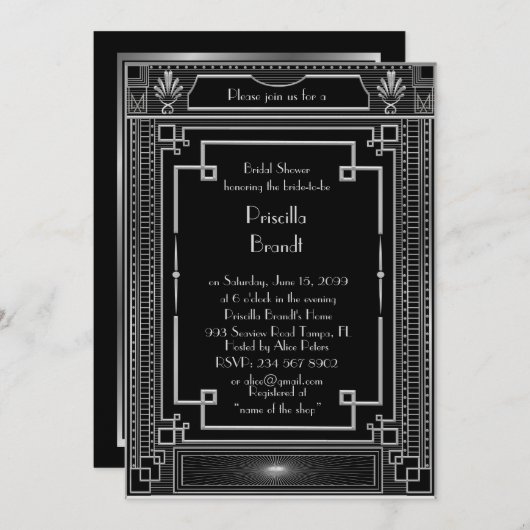 Bruids Douche uitnodiging, grote Gatsby zwart Zilv Kaart (Voorkant / Achterkant)